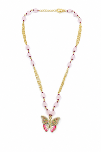 Colgante Personalizado Bañado en Rodio con Mariposa Esmaltada y Circonitas, Cadena de Cuentas de Cuarzo Rosa, Joyería con Dijes de Piedras Preciosas, Regalo para Mujer - Product Image 2