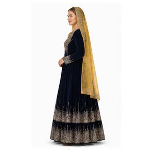 Vestido Tradicional Indio-Pakistaní para Mujer, Kurta hasta el Tobillo, Color Azul Marino, Seda, Bordado Dorado, Algodón, Vestido Afgano Kuchi - Product Image 6