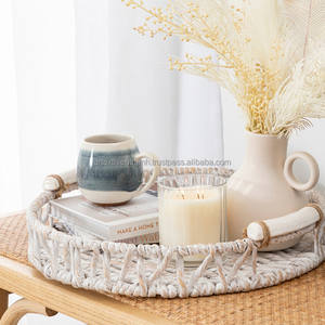 Jolis plateaux de service ronds en jacinthe d'eau blanche de Style nordique, avec poignée, tissés, décor Simple, plateaux de service de la Nature - Product Image 4