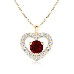 Pendentif Cœur Ouvert en Or 14 carats avec Rubis Rouge Solitaire 0,1 carat et Diamants Pavés – Bijou Fin Fait Main, Meilleure Vente - Product Image 1