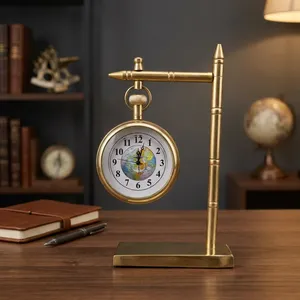 Horloge de bureau suspendue vintage en laiton avec cadran globe terrestre, horloge de table en métal antique, accessoire de bureau nautique décoratif de luxe - Product Image 1