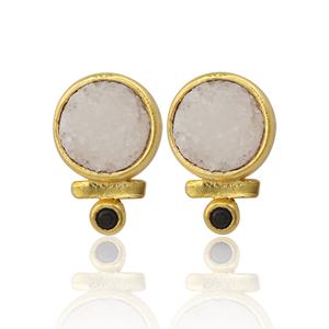 Blanc Druzy Double Gemstone Plaqué Or Forme Ronde Boucles D'oreilles Élégantes À La Main À La Mode Stud Ensemble de Bijoux - Product Image 1
