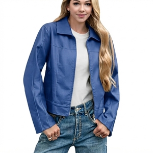 Veste moto en cuir PU rouge pour femme, col rabattu, fermeture éclair, manches longues, manteau de motard uni pour l'automne - Product Image 3