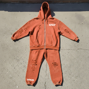 Conjunto de Sudadera con Capucha y Cremallera Estilo Vintage con Logotipo Personalizado y Pantalones Deportivos Holgados, 100% Algodón, Estilo Desgastado, para Hombre - Product Image 4