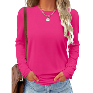 Camiseta Casual de Manga Larga para Mujer, Cuello Redondo, Tela Suave y Elástica, Básica para Uso Diario, Cómoda, Holgada, Transpirable, de Secado Rápido, Lisa - Product Image 1