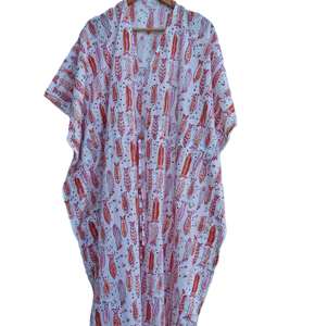 Caftán de algodón rosa con estampado de peces hecho a mano para mujer, ideal como salida de playa, kimono de verano de ajuste holgado, ropa de resort o vestido bohemio para estar en casa. - Product Image 1