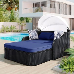 Lettino prendisole doppio da esterno GO 79,9 pollici con tettuccio regolabile in rattan PE e vimini nero, cuscino blu - Product Image 2