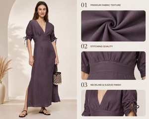 Robe longue élégante faite à la main 100% coton, violette, col en V profond, manches ajustables à nouer, style bohème décontracté pour femme, idéale pour l'été et les fêtes - Product Image 5