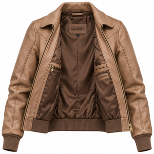 Wholesale Taupe Sand Real Cowhide Leather Bomber Jacket Womens Custom Ribbed Trim Fold Collar Casual <b>Ladies</b> <b>Coat</b> Manufacturer - Product Image 5