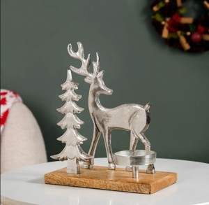 Christmas Deer & <b>Tree</b> Candle Holder – Metal Reindeer Tealight <b>Stand</b> with Wooden Base for Table Decor & Festive Decoration - Product Image 1