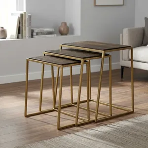 Modern Nesting <b>Coffee</b> <b>Tables</b> <b>Set</b> Of Three Wood Top Gold Metal Frame Living Room Furniture - Product Image 5