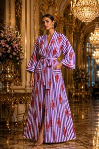 Robe longue pour femme à rayures violettes et imprimé homard, col en V, manches trois quarts, 100% coton, peignoir décontracté en tissu doux tissé - Product Image 2