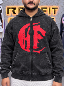 Men's Black Vintage Wash Zip-Up <b>Hoodie</b> With Bold <b>Red</b> Front Graphic Relaxed Fit Full Zip Closure Double Layer Hood Ribbed Cuffs - Product Image 1