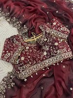 Tenue de soirée pour sari en satin rembourré, travail de sequins épais de 3 mm, bordure riche, tout brodé, boutis, blouse de designer Aarco, effet froissé