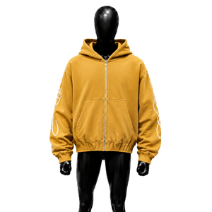 Nouveau design – Sweat à capuche jaune oversize zippé, coupe décontractée, unisexe, streetwear, manches graphiques, pour le quotidien – Ambre, Miel, Tournesol, Souci - Product Image 1