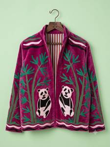 <b>Women's</b> Purple <b>Velvet</b> Zip Jacket Embroidered Panda Bamboo Stand Collar <b>Coat</b> - Product Image 1