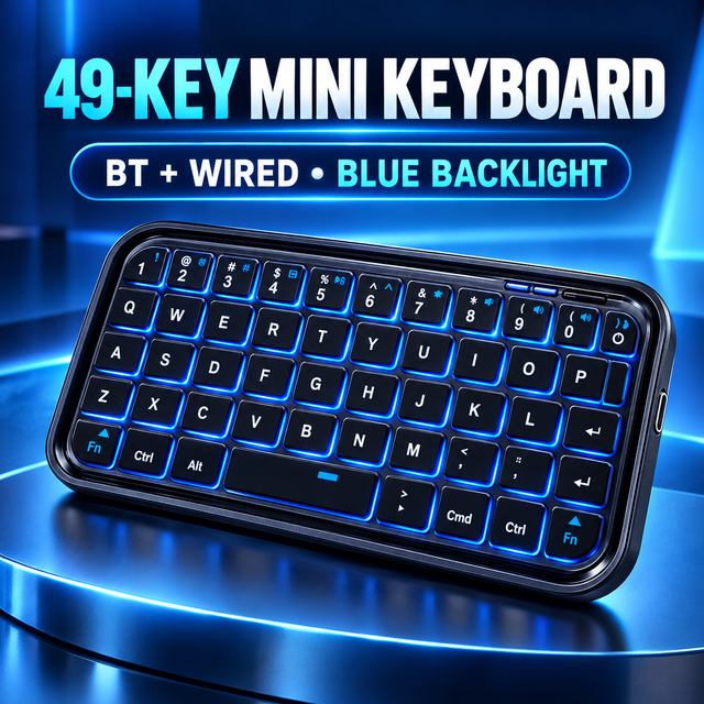 Stock 49 Key BT Dual Mode Mini Keyboard With Blue Backlight Rechargeable Battery USB-C Wired Portable Multi System Control