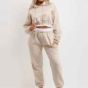 Ensemble 2 pièces décontracté pour femme, style Hip Hop, comprenant un crop top court à manches longues et un pantalon, en molleton uni, effet délavé, idéal pour l'hiver, en polyester/coton - Product Image 1