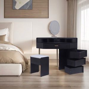 Ensemble de table de maquillage noire avec tabouret, miroir éclairé tricolore amovible, quatre tiroirs avec prises - Product Image 1