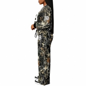 Men Camouflage Two-Piece Tracksuit Set <b>Crop</b> <b>Top</b> Loose Fit Jogger Pants Full Sleeve Hooded Zipper Fly Closure Acid Wash 100% - Product Image 3
