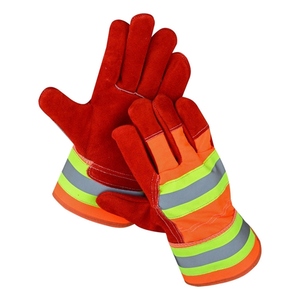 High Visibility Red Split Cowhide Leather Work Gloves With Reflective <b>Strip</b> Fluorescent Drilled Cotton <b>Fabric</b> Safety Cuff - Product Image 1