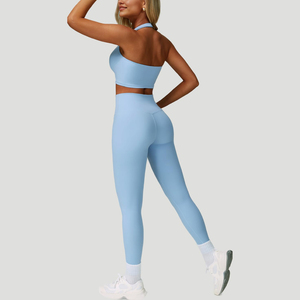 <b>Light</b> <b>Blue</b> Yoga Set Women 3 Piece High Waist Leggings Crop <b>Top</b> With <b>Long</b> <b>Sleeve</b> Jacket Sport Fitness Workout Wear - Product Image 6