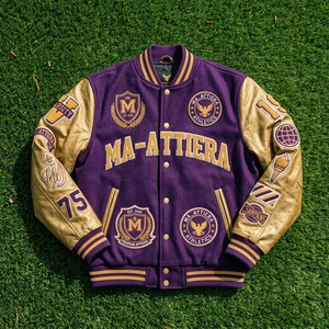 <b>Purple</b> Gold Letterman Jacket Wool Body Leather Sleeves Embroidered Patches Snap Button Custom OEM ODM Wholesale - Product Image 5