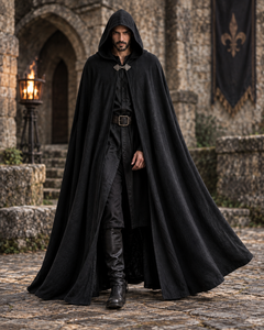 Cape à capuche unisexe noire médiévale, longue cape gothique, costume de Renaissance LARP, sorcier, sorcière, traître, Halloween, fantaisie, polyester - Product Image 1