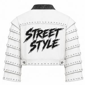 Custom White Studded Faux Leather <b>Jacket</b> Graphic Zip Up Street Wear Fashion Biker Outerwear For Unisex Winter Wear - Product Image 4