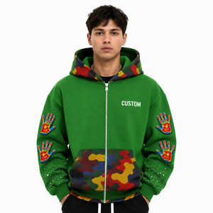 Custom Camo Pocket Graphic Handprint Hoodies Full <b>Zip</b> Heavyweight Cotton Street Fashion Pullover ODM Private Label Manufacturer - Product Image 1