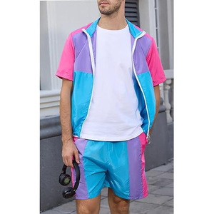 Survêtement homme color block à manches courtes, col montant, fermeture éclair, poches latérales, léger, en polyester, style sportif, pour l'été - Product Image 3