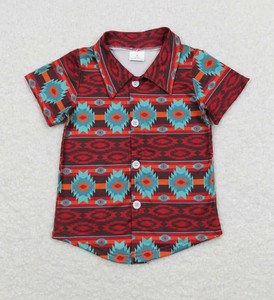 Chemise décontractée à manches courtes pour garçons, imprimé cactus aztèque occidental, col rabattu, motif géométrique, coupe régulière - Product Image 5