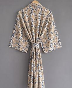 Robe Kimono Ample à Imprimé Floral 100% Coton Manches Trois-Quarts Style Japonais Longueur Genou Respirante Tenue Décontractée Taille Naturelle - Product Image 3