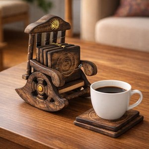 Handcrafted Mango Wooden Rocking <b>Chair</b> Tea Coaster Set - Rustic 6 Plate Design for Home Décor & Gifts - Product Image 3