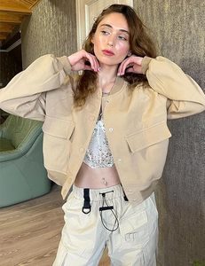 Chaqueta Bomber Corta Beige para Mujer, Manga Larga, Cuello Alto, Cierre de Botones, Ropa Exterior Informal, Color Sólido, Bolsillos con Parches, Ropa de Otoño - Product Image 2
