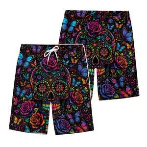 Pantalones cortos con estampado de calaveras y mariposas coloridos para hombre, de secado rápido, con cordón en la cintura, ropa de baño informal - Product Image 1
