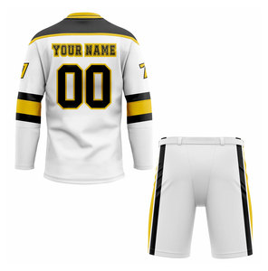 Uniforme de hockey sur glace pour homme, blanc, jaune, noir, maillot sublimé, short, tissu respirant, manches longues, col en V, taille adulte - Product Image 2