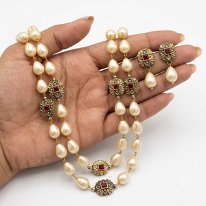 Luxury 2 Layer Pearl Beaded Necklace Set Gold Plated Antique Floral Ruby Stone Statement Jewelry with Matching Earrings - Product Image 4