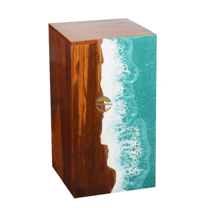 Urne funéraire en résine et bois naturel inspirée de l'océan, faite à la main, motif vague bleue, par AYAANS - Product Image 5