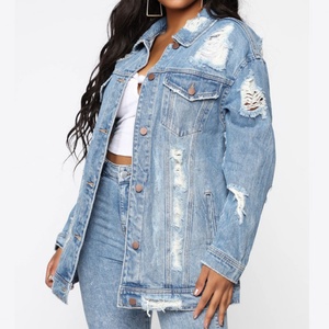 Hotsale New Design Plus Size Ripped Women Blue Wash Oversized Denim Jackets BEST SELLING - Product Image 1