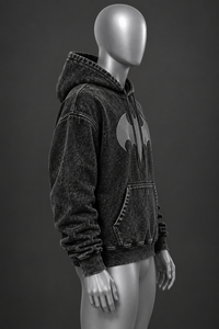 Sweat à capuche noir délavé pour homme, imprimé graphique personnalisé chauve-souris, pull oversize streetwear en molleton, mode décontractée, vente en gros - Product Image 3