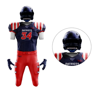 Ensemble de maillots de football américain Patriots pour hommes, uniforme ajusté personnalisé sublimé 100% polyester avec pantalon rouge et motif étoiles - Product Image 4