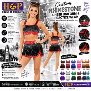 Custom Rhinestone Cheer Uniform Set Black <b>Red</b> Sparkle <b>Crop</b> <b>Top</b> Skirt Adult Practice Wear Cheerleading Practice Wear Set - Product Image 1