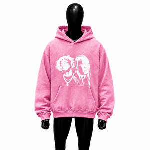 Sudadera con Capucha Oversize Rosa con Estampado Gráfico, Estilo Urbano Vintage, con Ilustración de Retrato Blanco, de Felpa de Algodón Pesado, de Moda - Product Image 1