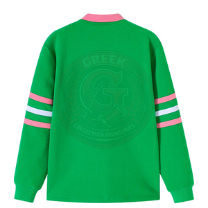 Suéter de Mujer con Cuello en V, Color Verde y Rosa, de la Hermandad AKA, de Manga Larga, de Algodón y Felpa, Tejido, con Logotipo Bordado, para Uso Escolar - Product Image 2