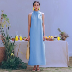 Vestido Midi Vintage de Algodón con Mangas Campana, Cintura Alta, Holgado, Liso Teñido, con Lazo Hecho a Mano y Bolsillos Laterales, para Uso Diario en Primavera y Verano, Precio al por Mayor - Product Image 1