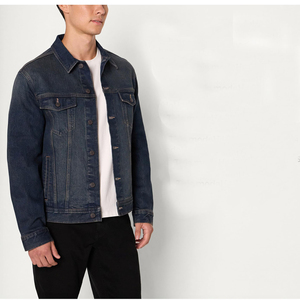 Veste en jean bleu foncé pour homme, sur mesure, style OEM, classique, boutonnée, en coton extensible, streetwear, col rabattu. - Product Image 3