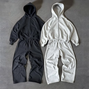 Wholesale Custom logo Men's Cotton Blank <b>Plain</b> <b>Tracksuit</b> Cropped Boxy Zip up Hoodie and Flared Sweatpants Set Sweat Suits Men - Product Image 1