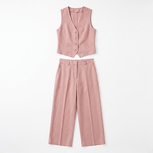 Ensemble coordonné 2 pièces pour femme, été, en lin/coton, débardeur sans manches à col en V et pantalon large ample longueur genou, avec logo personnalisé |   Privé - Product Image 2