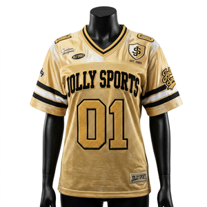 <b>Womens</b> Football Jersey 200 GSM Premium Polyester <b>Mesh</b> Breathable Gold Black Sleeve Panels Tackle Twill Custom Logo - Product Image 1